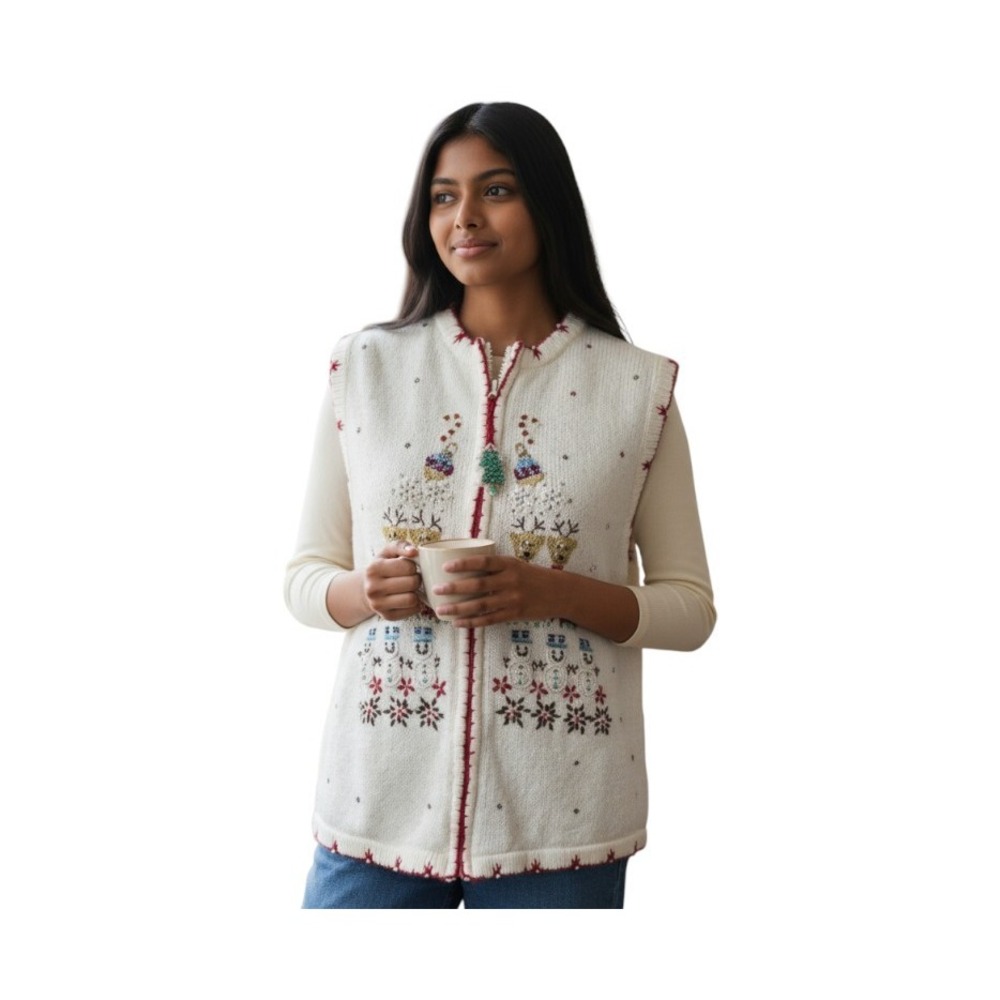 Kim Rogers Women Vest Beaded‎ Embroidered Full Zip Christmas White  Sweater Med